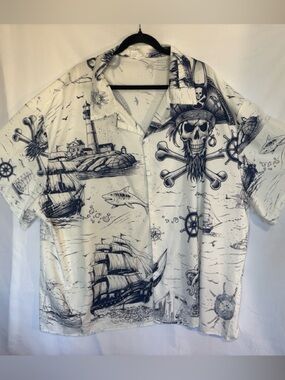 Men's 4XL White & Navy Printed Polyester big and tall button down shirt